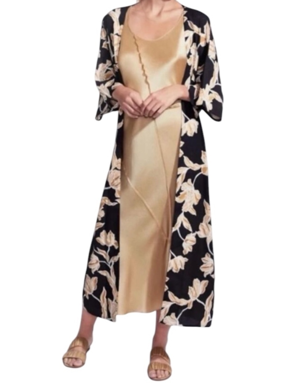 Maison Du Soir Floral Kimono Robe Oversized Short Sleeve Tie Belt Sz S/M